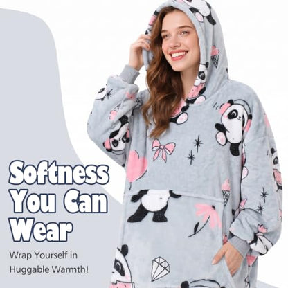 Catalonia Oversized Blanket Hoodie, Panda Print Fleece Wearable Blanket - color: Girl Panda Grey