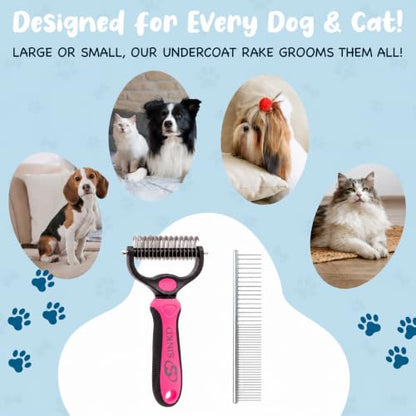Sinko Shedding Brush for Dog and Cat, Undercoat Rake & Comb with Extra-Wide Double-Sided Stainless Steel Teeth for Deshedding, Brushing, Removing Loose Fur, Knots, Mats & Tangles in Pets (pink) - color: Brush pink