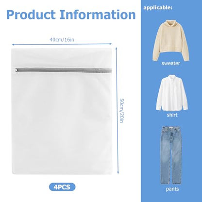 4 Pcs Mesh Laundry Bags for Delicates - 20" x 16" 70G Fine Mesh with Manual-Lock Zipper, Wash Bags for Lingerie Bras Socks Jeans, Ideal for College Dorm Travel Home