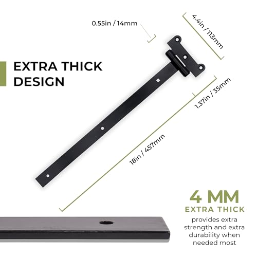 Home Improvement Door Hinges – Pack of 2 18-Inch Matte Black Hinges – 4mm Thick Barn Door Hinges Include 12 Black Coated Mounting Screws – Heavy Duty Iron Gate Hinge