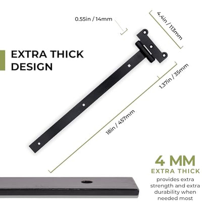 Home Improvement Door Hinges – Pack of 2 18-Inch Matte Black Hinges – 4mm Thick Barn Door Hinges Include 12 Black Coated Mounting Screws – Heavy Duty Iron Gate Hinge