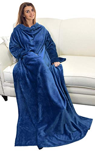 Catalonia Wearable Blanket with Sleeves for Women & Men, Fleece Wrap Throw - color: Navy