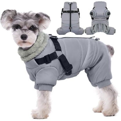 BRKURLEG Grey Dog Winter Coat, Cozy Winter Dog Jackets, Small Dogs Coat with Harness, Onesie Body Warm Puppy Jacket, Pet Reflective Windproof Cold Weather Jackets, Puppy Four-Legged Puffer Coats, M - color: Grey, size: Medium