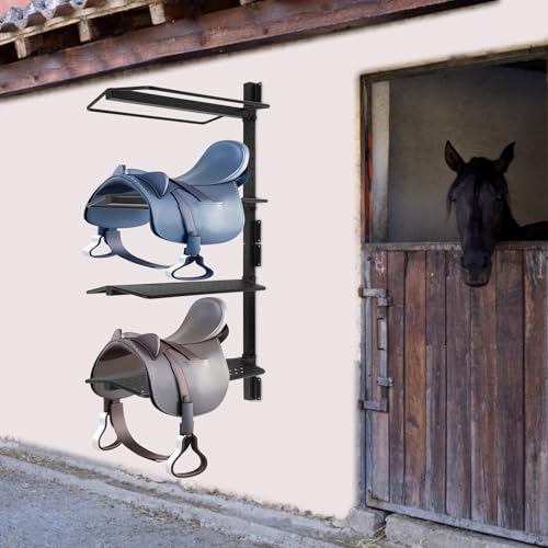 Saddle Rack 4 Tier Wall Mounted, Heavy Duty Saddle Storage Rack for Tack Room Barn Stable, Metal Horse Saddle Holder with Bridle Hooks, Western English Saddle Stand Organizer