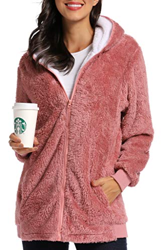 Fleece Coat for Women,Women's Oversized Zip Up Hooded Jacket Winter Plus Size Sherpa Coat - color: Apink, size: Large