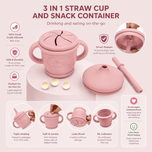 Silicone Baby Feeding Set, Suction Plates Bowls Bibs for Self Feeding –Pink | Baby Led Weaning Supplies, BPA-Free, Toddler Spoons Forks, Extra-Strong Suction, Empower Independence, Easy Clean - color: Pink