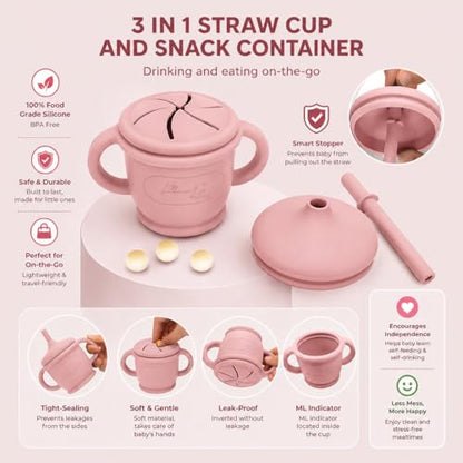 Silicone Baby Feeding Set, Suction Plates Bowls Bibs for Self Feeding –Pink | Baby Led Weaning Supplies, BPA-Free, Toddler Spoons Forks, Extra-Strong Suction, Empower Independence, Easy Clean - color: Pink