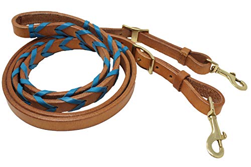 CHALLENGER 8' Horse Western Leather Latigo Laced Barrel Contest Reins 66RT10 - color: Tan Pacific Blue