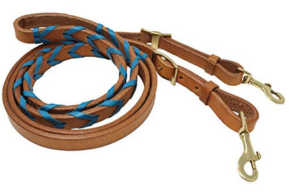 CHALLENGER 8' Horse Western Leather Latigo Laced Barrel Contest Reins 66RT10 - color: Tan Pacific Blue