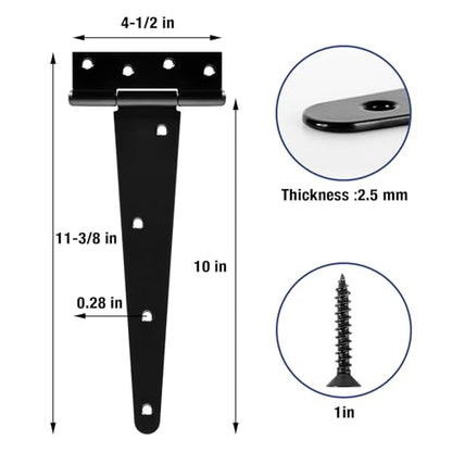 TDCHINGES T Strap Black Gate Door Hinges 10 Inch for Barn Shed 2.5mm 2 Pack - size: 2Pack-10inch