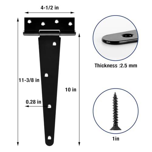 TDCHINGES T Strap Black Gate Hinges 10" for Barn Fence Shed 2.5mm 6 Pack - size: 6Pack-10inch