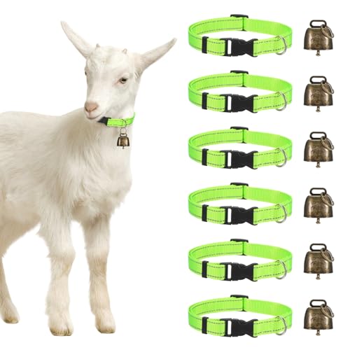 M METERXITY 6-Pack Reflective Goat Collars with Bells, 13.8"-20.5" Polyester Adjustable Pet Collar with Anti-Lost Grazing Copper Bell for Small Farm Animal/Sheep/Cow/Goat [Green] - color: Green