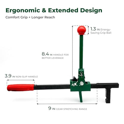 Chain Link Fence Puller Tool, Heavy-Duty Ratcheting with 9-Inch Stretcher | 9" ratchet travel, 5° tilted base & hooked groove. Pulls woven/barbed wire. One-person pulling tool for farm, ranch, garden