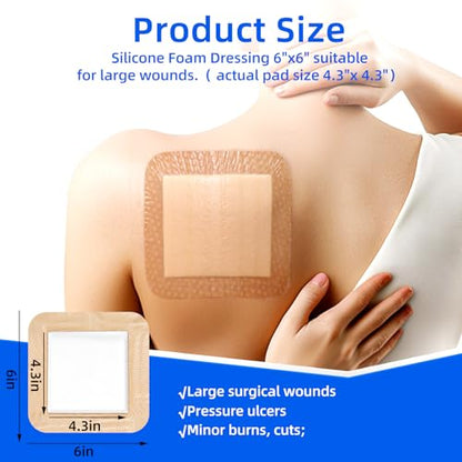 Niceful Silicone Foam Dressing 6"x6" 10 Count, Cushioned Pressure Relief | Large Ultra-Soft Silicone, 15X Max Absorption, 5-Layer Saf Anti-Maceration, Bedsores & Diabetic Foot, 1St-2Nd Burns - size: 6"x6" (10PCS)