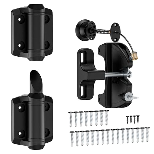 Self-Closing Gate Hinges and Key Lockable Gate Latch Kit, Fence Gate Hardware Kit for Wooden Fence, Pool Safety Fence Adjustable Hinges and Double-Sided Latches Hardware for Metal, Woode