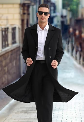 APTRO Men's Luxury Full Length Trench Coat Long Wool Overcoat Winter Windbreaker - color: Black, size: Medium