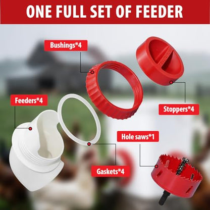 4PACK No Waste Chicken Feeder Ports, Chicken Feeder Cups for Bucket - size: 4 port with holesaw
