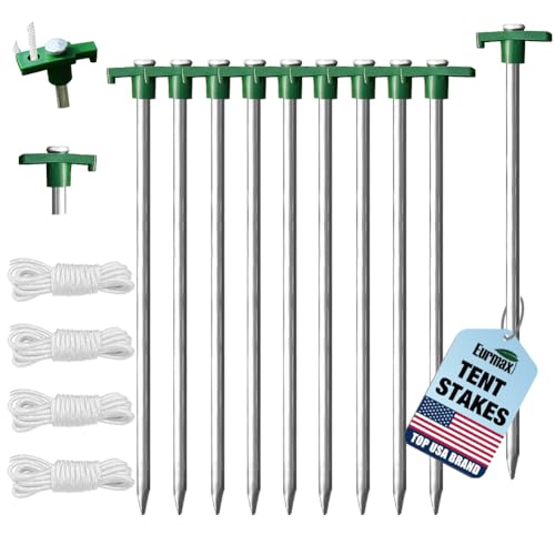 Eurmax USA 10-Pack Secure Protection Galvanized Tent Stakes,Rust-Proof Steel Canopy Anchors for High Winds,Heavy Duty Commercial Ground Pegs for Camping,Pop Up Tents&Gazebos - Includes 4x10ft Ropes - color: Green, style: Stakes 10-pack