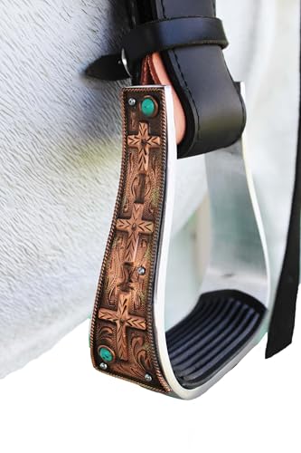 CHALLENGER Horse Western 5" Wide Barrel Racer Aluminum Copper Cross Engraved Show Stirrups 51233