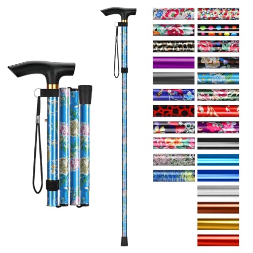 supregear Folding Cane, 5-Level Adjustable Height Walking Stick Lightweight Collapsible Portable Travel Cane with Wrist Strap and T Handle for Elderly Disabled Men Women - color: Blue Floral