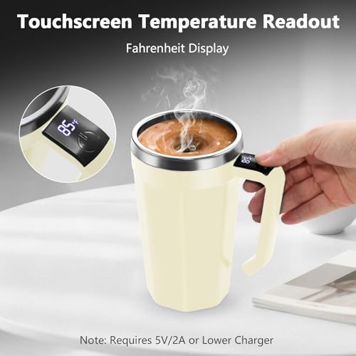 Self Stirring Coffee Mug with Temperature Display, 18 oz Rechargeable Self Stirring Mug with Lid, Automatic Self Stirring Cup with Stainless Steel for Coffee, Milk, Beverages, White - color: White
