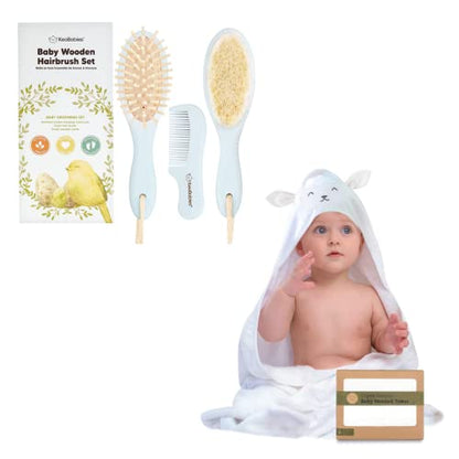 KeaBabies Baby Hair Brush and Comb Set & Baby Hooded Towel - Wooden Brush with Soft Goat Bristle, Soft and Absorbent Kids Towel with Cute Hood