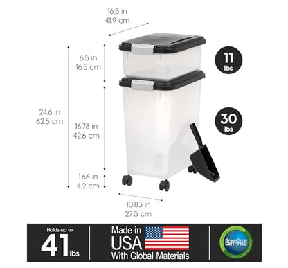 IRIS USA 30 lb + 11 lb Airtight Pet Food Storage Containers with Wheels - color: Black