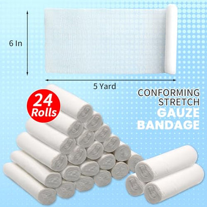 24 Pack Cling Gauze Rolls 6 Inch x 5 Yard, White Rolled Gauze Wraps Vet Wrap for Horses, Pure Cotton Bandage Wrap for First Aid Medical, Wound Care, Pet Dressings, Medical Supplies - size: 24 Pack-6in