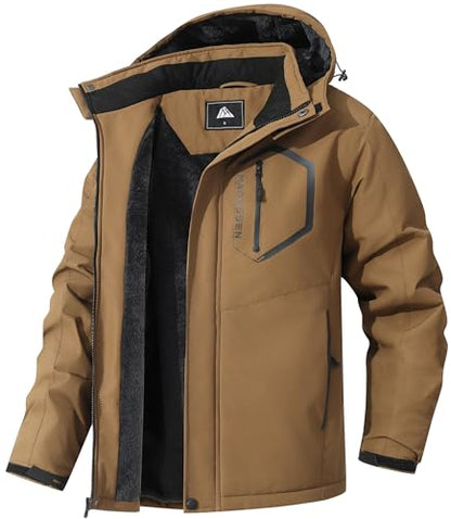 Men's Mountain Ski Jacket Winter Snow Coats Waterproof Warm Fleece Lining Jacket Parka with Hooded - color: Brown, size: Small