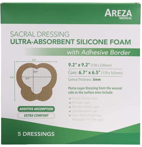 Areza Medical - Silicone Foam with Super-Absorbent Layer - Wound Dressing - Waterproof - with Adhesive Border - Sterile - Designed for Sacral Wounds - 9.2" x 9.2" - 5 PCS per Box - size: 9.2" x 9.2" - 5 PCS