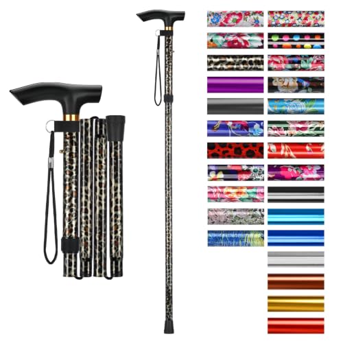 supregear Folding Cane, 5-Level Adjustable Height Walking Stick Lightweight Collapsible Portable Travel Cane with Wrist Strap and T Handle for Elderly Disabled Men Women - color: Leopard