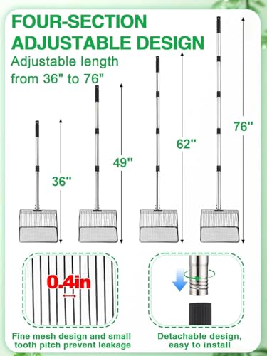 Extra Long Chicken Poop Scooper & Rake - Save-Effort 36''-76'' Long Metal 10'' Wide Scooper & 11 Tooth Rake, Chicken Coop Accessories for Efficient Cleaning