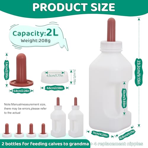 2 Pack Calf Bottle with Screw Nipple 2Quart Calf Milk Feeder Bottles& 4 Replacement Rubber Nipples & Cap,Calf Feeding Device with Hand Grip Handle Kid Livestock Nursing Feeding Bottles