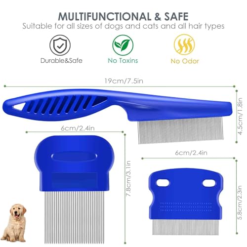 3 Pack Dog Grooming Comb, Flea Lice Pet Combs, Stainless Steel Cat Combs with Rounded Teeth, Professional Metal Tear Stain Remover, Dematting Tool for Small, Medium & Large Pets