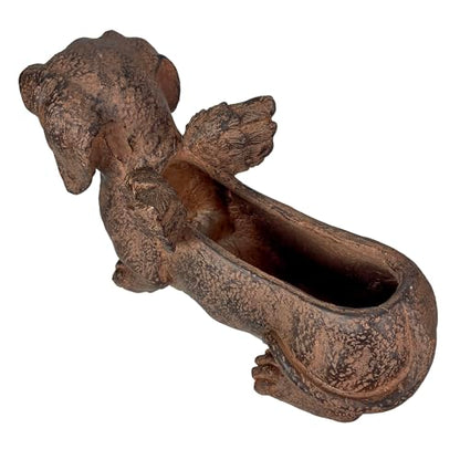 Animal Planter, 18 Inch Flying Dachshund with Distressed Brown Finish | Magnesium Oxide, Drain Hole, 9 by 2.5 Inch Planting Opening, Indoor or Outdoor Use - color: Winged Dachshund - Brown