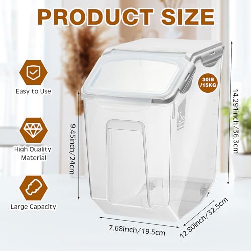 Umigy 4 Pack Rice Storage Container With Wheels Plastic Airtight Lid Flour Container Bin for Dog Pet Cereal Grain Dry Food, 15 Liter / 30 lbs - color: White