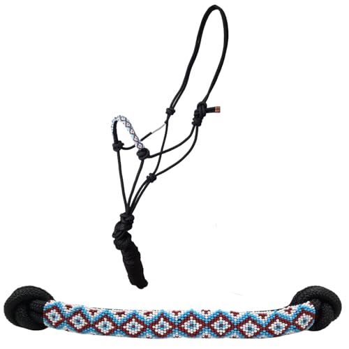 Tahoe Tack Copper Tip® Series Braided Rope Horse Halter with Navajo Beaded Noseband, Cowboy Knots, 10 Ft Lead - color: Black/Turquoise