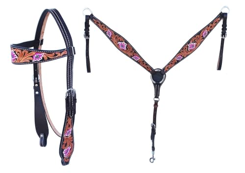 CHALLENGER Horse Western Leather Tooled Headstall Bridle Breast Collar Tack Set 78HRBrowbandSet - color: Brown Pink Lily