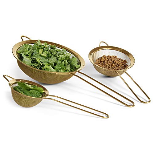 Strainer Set Fine Mesh – Premium 304 Stainless Steel (18/8) – 8″, 5.5″ and 3.3″ Sturdy Kitchen Strainers (Gold) - color: Gold