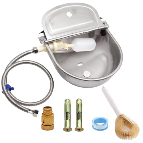 Automatic Livestock Waterer, 304 Stainless Steel Auto Fill Drinking Bowl with Float Valve, Drainage Hole & Protective Baffle, Wall Mount or Floor Stand, for Dogs, Chickens, Horses, Goats, Pigs