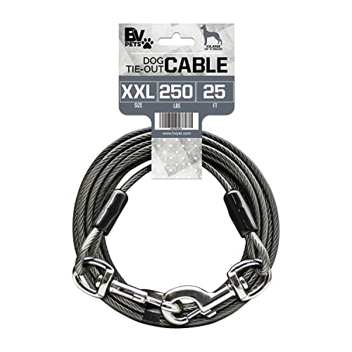 BV Dog Tie Out Cable 25 Feet - Heavy Duty Dog Lead Up to 250 Pounds - Reflective & Rust-Free with Quick Release Swivel Clips & 360° Rotating Clasp - Tangle-Free Dogs Runner for Yard (Grey, Single) - color: 250lbs/ 25ft/ Grey, style: Single