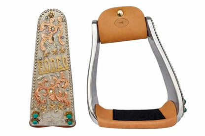 CHALLENGER Horse Western Saddle Rodeo Floral Engraved Turquoise Stone Angled Stirrups 51246