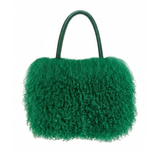 Women Luxury Real Curly Mongolian Lamb Fur Purse | Genuine Leather Top Handles,Long Tan Sheep Wool,Large Furry Clutch,Shearling Shoulder Bag, Lightweight and Fluffy - color: Green