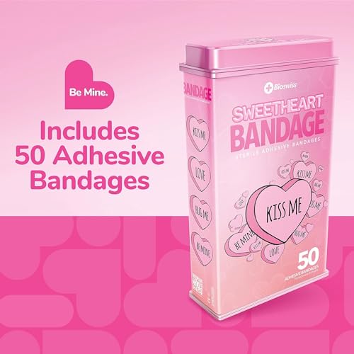 BioSwiss Bandages, Valentine Heart Shaped Self Adhesive Bandage Set, Latex Free, Sterile Wound Care, 50 Count - color: Heart, size: 50-Count Tin