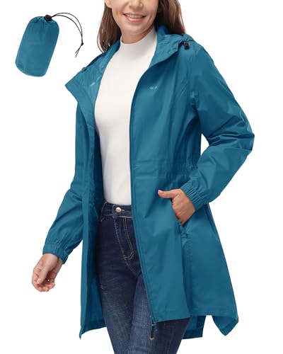 33,000ft Women's Waterproof Long Rain Coats Packable Rain Jacket with Hood - color: Moroccan Blue, size: 3X-Large