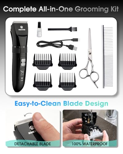 M&M STAR Dog Grooming Kit, Low Noise Dog Clippers, 2-Speed IPX7 Waterproof, Rechargeable Cordless Pet Hair Clippers Trimmer Shaver with LED Display for Dogs and Cats, Black