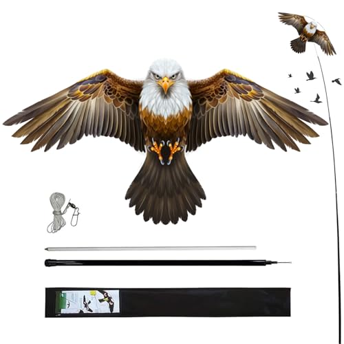 Bird Scarer Kite with 13ft Pole Bird Hawk Flying Kites-Eagle Kite | Hawk Deterrents for Farms, Patios and Docks | Keeps Birds, Geese and Seagulls Away | Covers 2150-5380 sq.ft - color: eagle kite with 4m pole