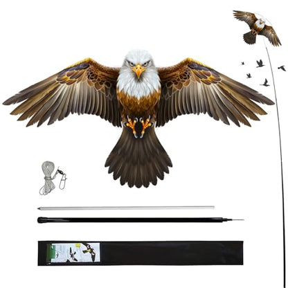 Bird Scarer Kite with 13ft Pole Bird Hawk Flying Kites-Eagle Kite | Hawk Deterrents for Farms, Patios and Docks | Keeps Birds, Geese and Seagulls Away | Covers 2150-5380 sq.ft - color: eagle kite with 4m pole