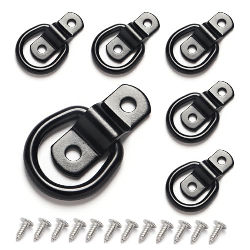 6 Pack D Rings Tie Down Anchors, 7mm Diameter Heavy Duty Steel Trailer Hooks for Truck, Pickup, Camper, Warehouse, Garage, Boat, Cargo Control Mount, 2 Hole D-Ring with Screws, Black