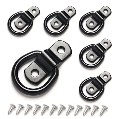 6 Pack D Rings Tie Down Anchors, 7mm Diameter Heavy Duty Steel Trailer Hooks for Truck, Pickup, Camper, Warehouse, Garage, Boat, Cargo Control Mount, 2 Hole D-Ring with Screws, Black